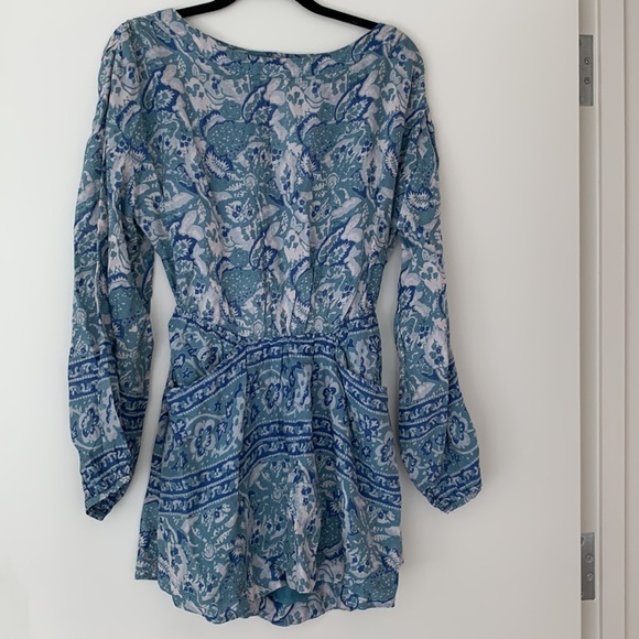 Free People Washed Blue Silver Sun Floral Blouson Open Back Mini Dress Size XS - Picture 10 of 16